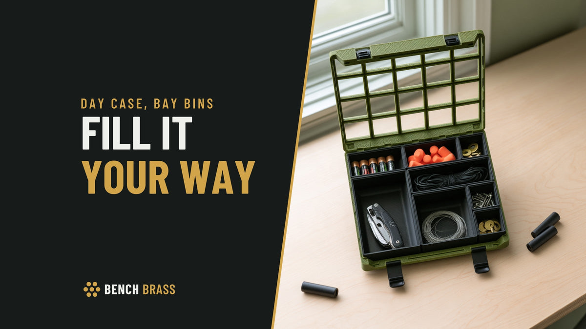 Fill it your way: an Army Green Day case open on a desk, holding Bay bins of batteries, earplugs, wire and a multitool