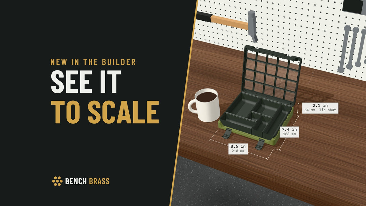 See it to scale: the case builder's Army Green Day case beside a coffee mug on a walnut workbench, its width, depth and height marked