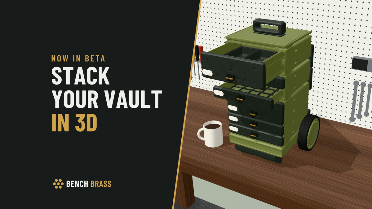 Stack your VAULT in 3D: an Army Green VAULT tower with Black drawer fronts on its wheeled base, two drawers out, in the VAULT builder