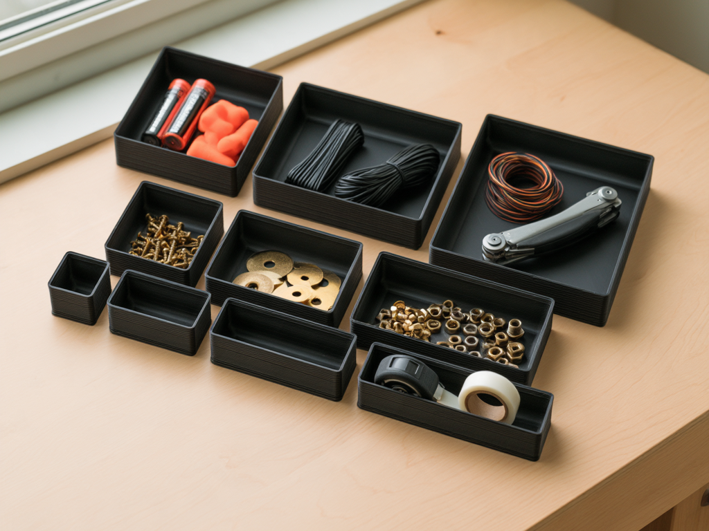 Ten black Bay bins, 1×1 up to 4×4, holding sorted small parts on a birch desk