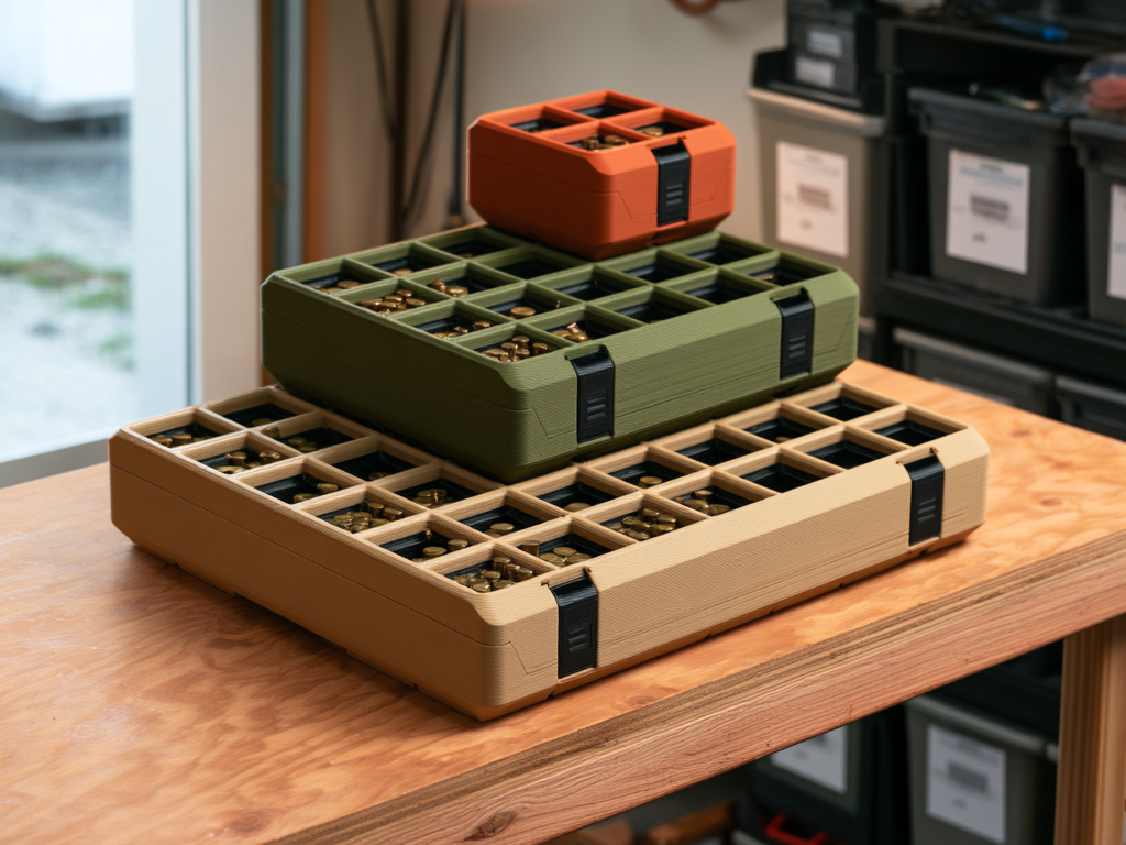 Range, Day and Pocket cases stacked on a garage shelf, in Army Beige, Army Green and Burnt Orange