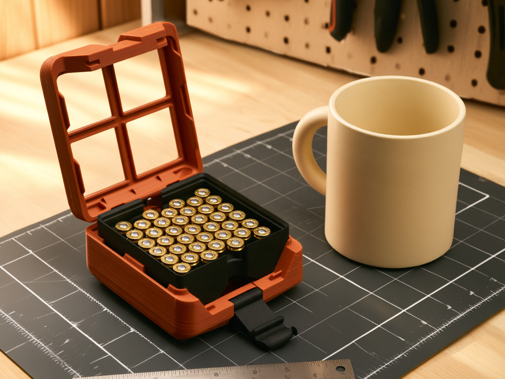 A Burnt Orange Pocket case open on a cutting mat, a loaded Headcount 9×19 tray seated inside, beside a coffee mug