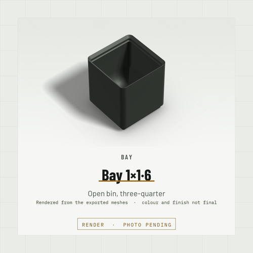 Bay 1×1 open bin, three-quarter view (render)