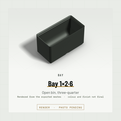 Bay 1×2 open bin, three-quarter view (render)