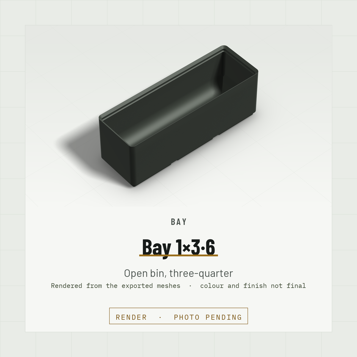 Bay 1×3 open bin, three-quarter view (render)