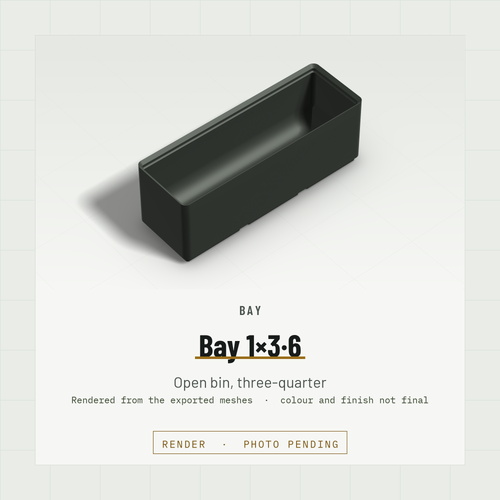 Bay 1×3 open bin, three-quarter view (render)