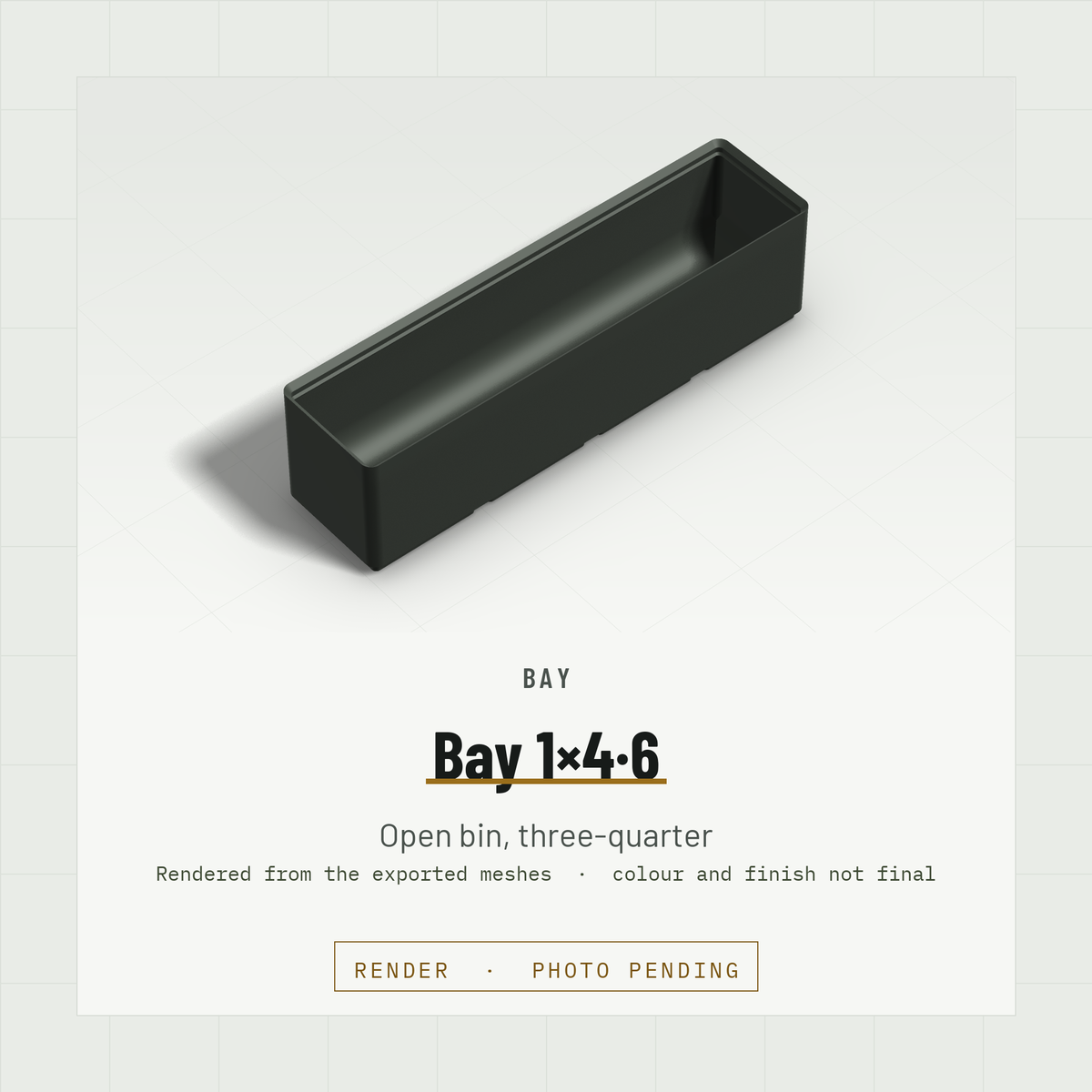 Bay 1×4 open bin, three-quarter view (render)