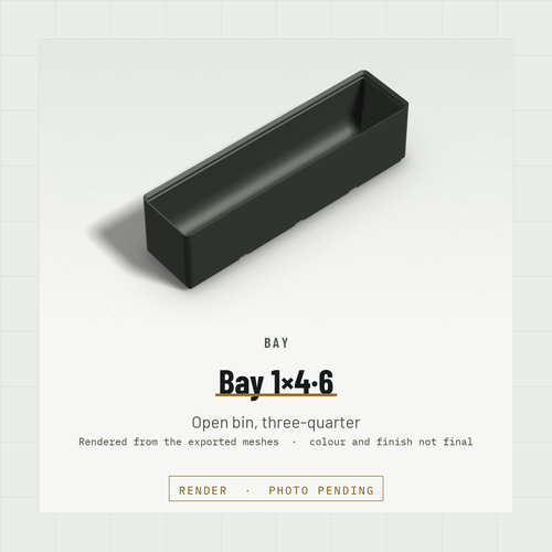 Bay 1×4 open bin, three-quarter view (render)