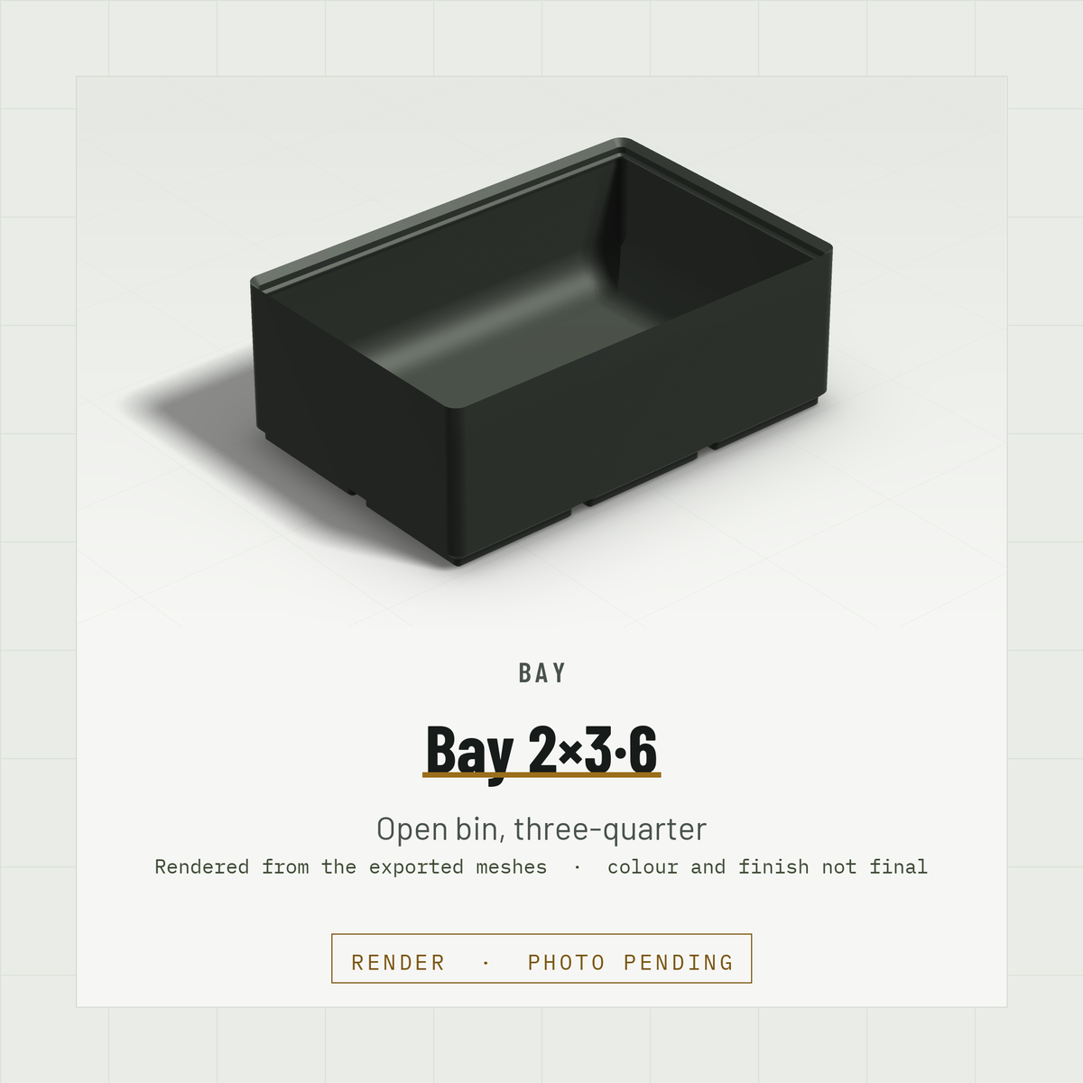 Bay 2×3 open bin, three-quarter view (render)
