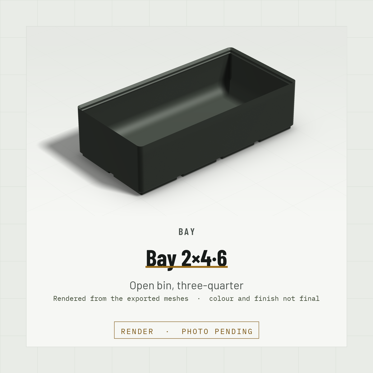 Bay 2×4 open bin, three-quarter view (render)