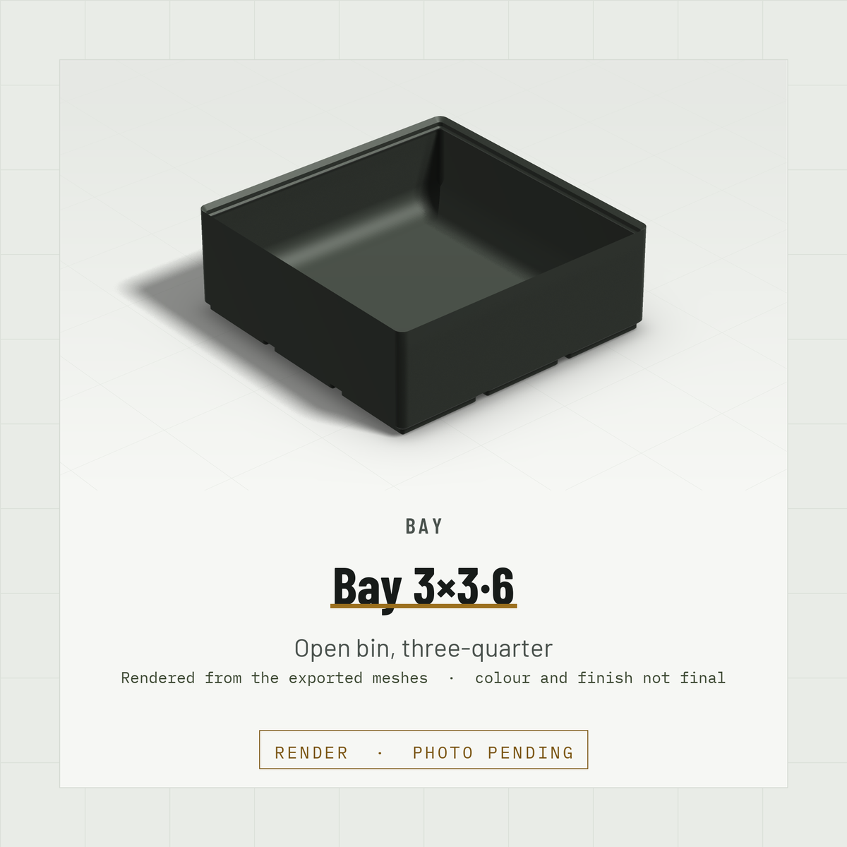 Bay 3×3 open bin, three-quarter view (render)