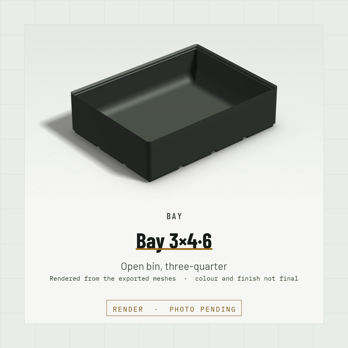 Bay 3×4 open bin, three-quarter view (render)