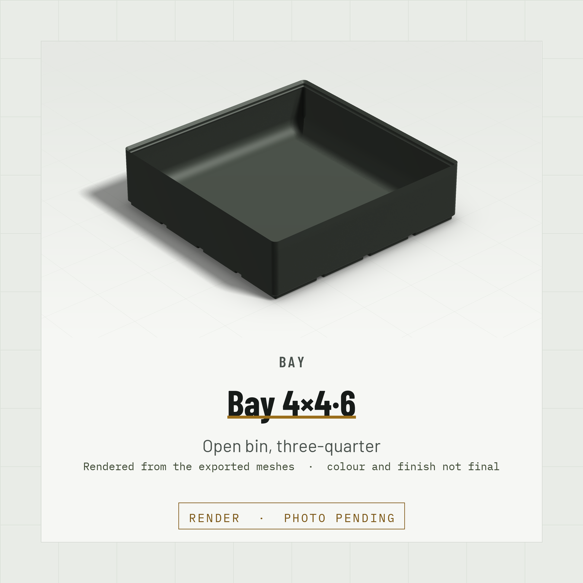 Bay 4×4 open bin, three-quarter view (render)
