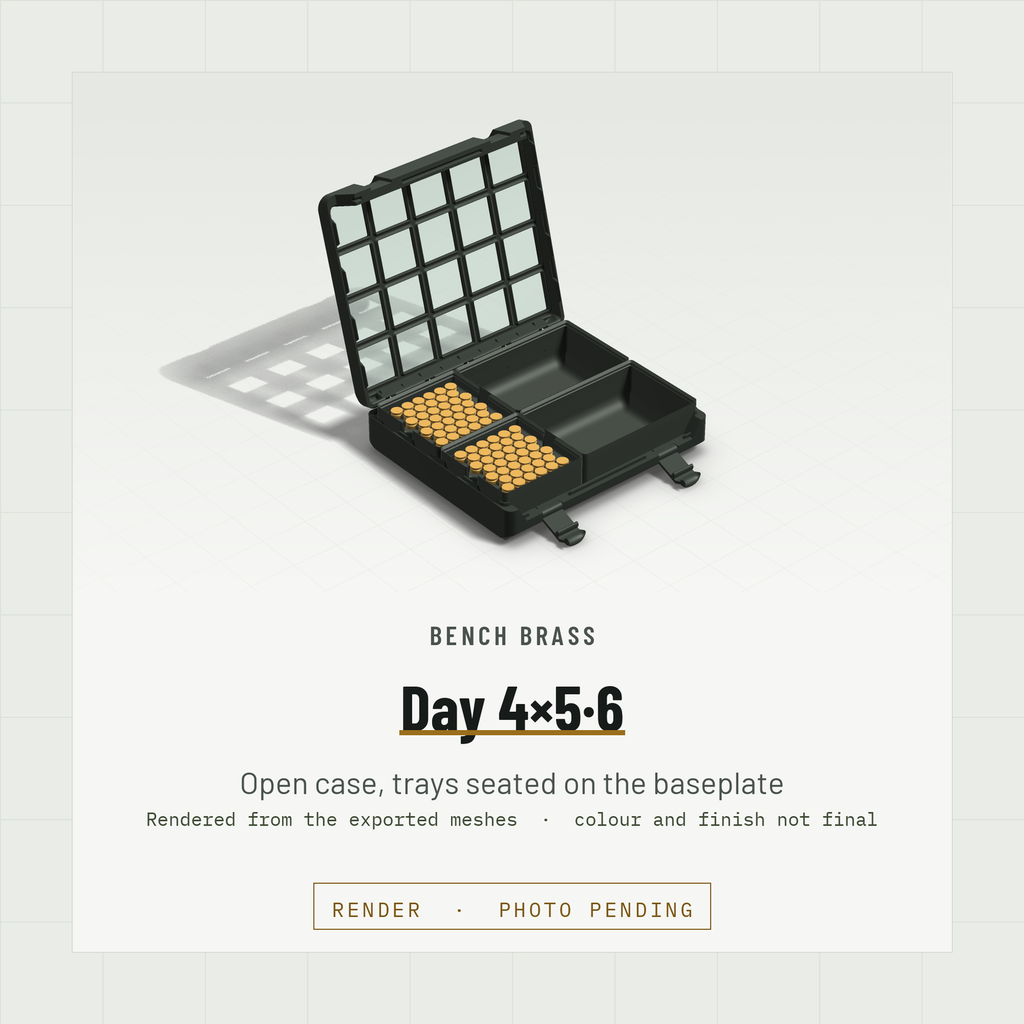 Day 4×5·6 open, two Headcount 9×19 trays and two Bay 2×3 bins seated on the baseplate, Black case and Black lid (render)