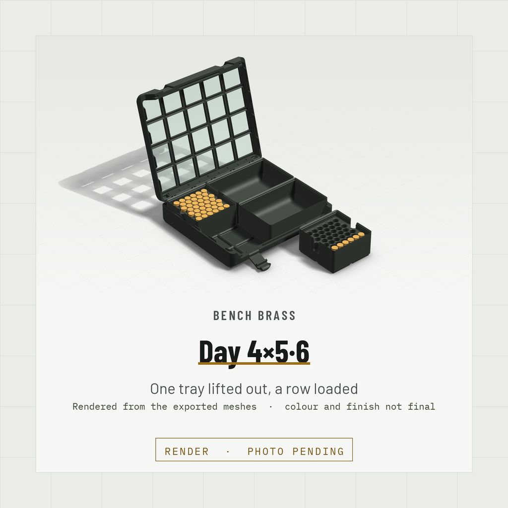 Day 4×5·6 open with one Headcount 9×19 tray lifted out onto the bench, one row loaded, Black case and Black lid (render)