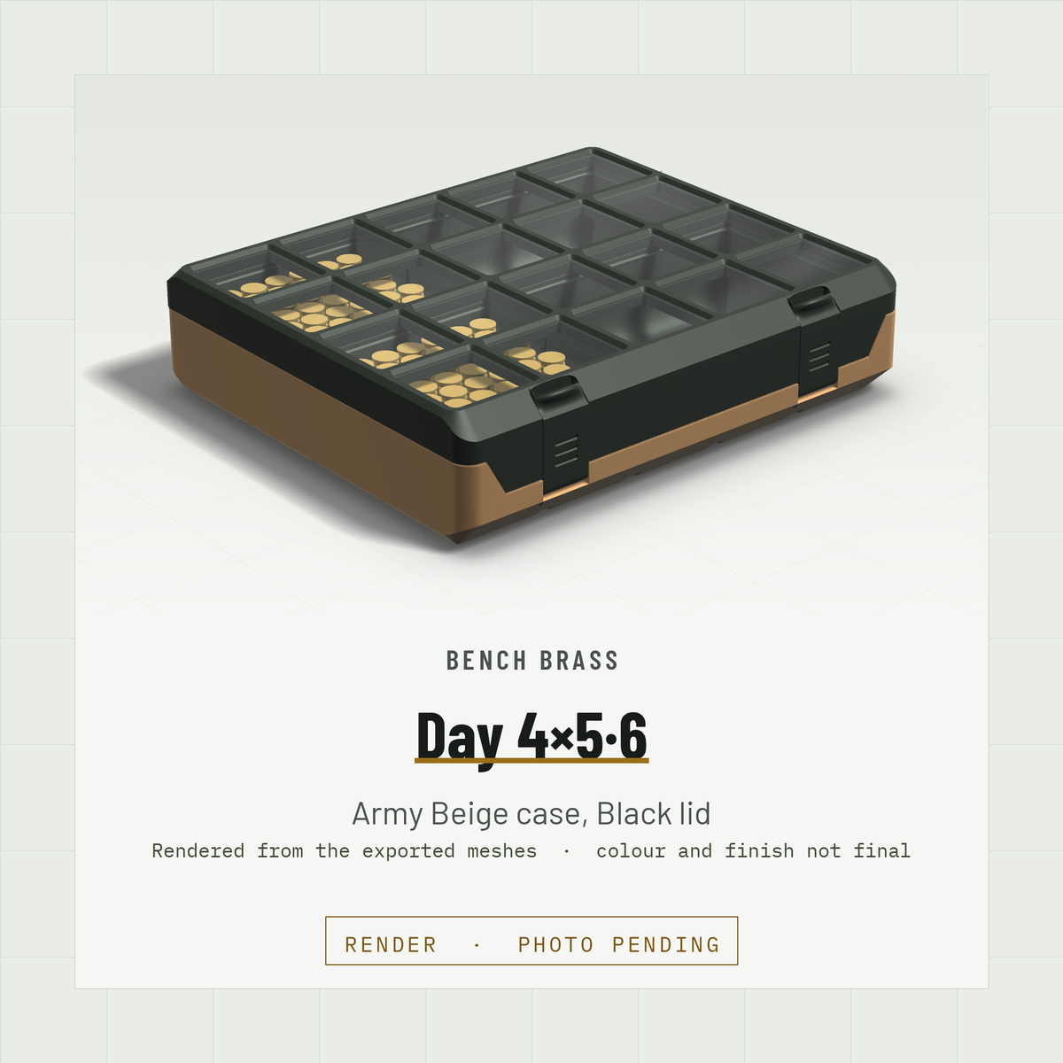Day 4×5·6 closed, three-quarter view, Army Beige case and Black lid (render)