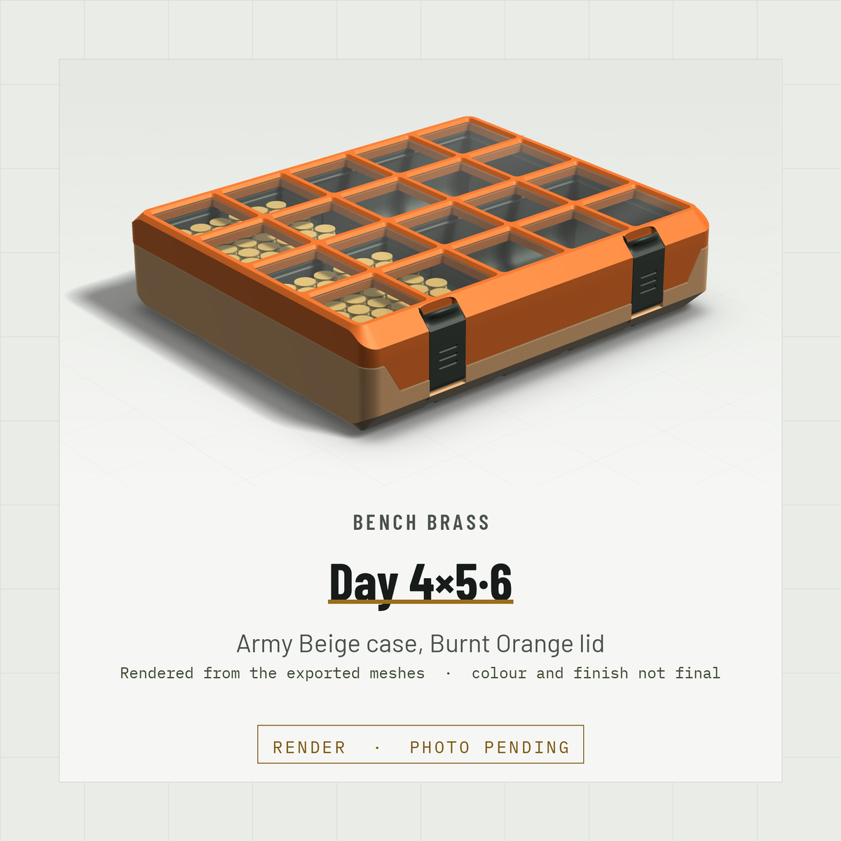 Day 4×5·6 closed, three-quarter view, Army Beige case and Burnt Orange lid (render)