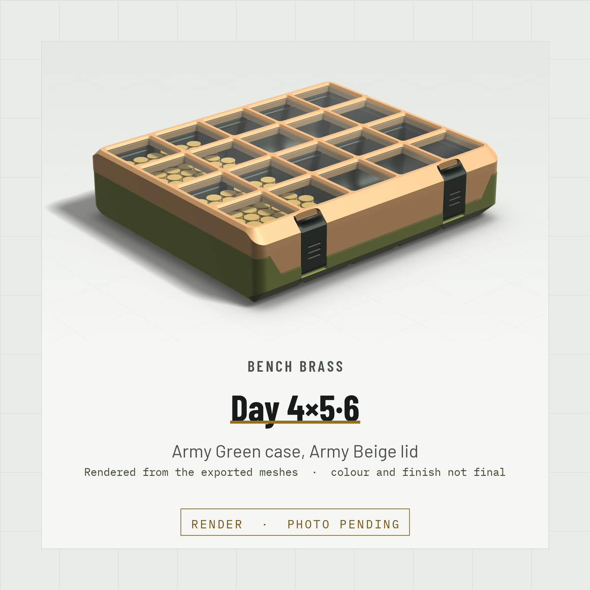 Day 4×5·6 closed, three-quarter view, Army Green case and Army Beige lid (render)