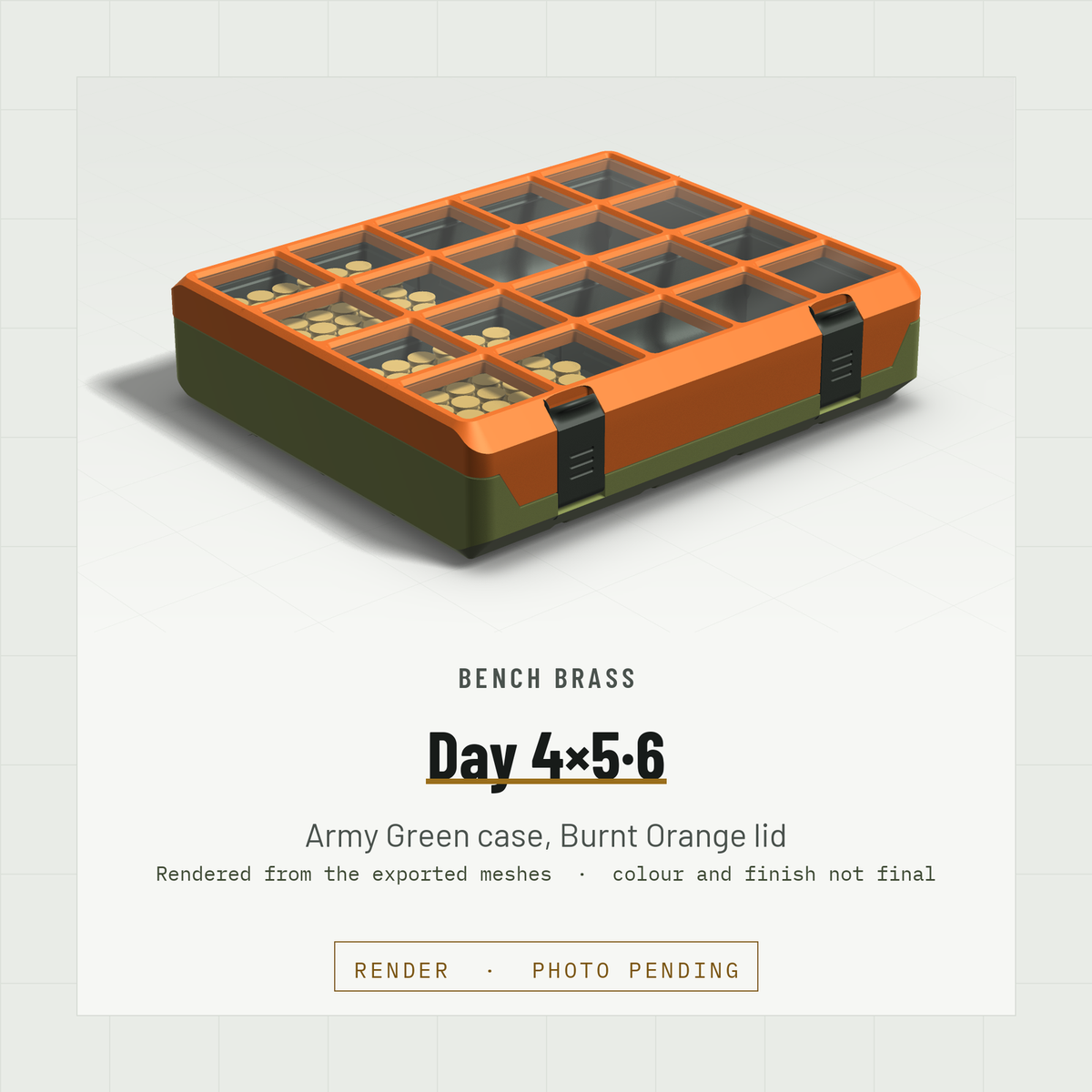 Day 4×5·6 closed, three-quarter view, Army Green case and Burnt Orange lid (render)