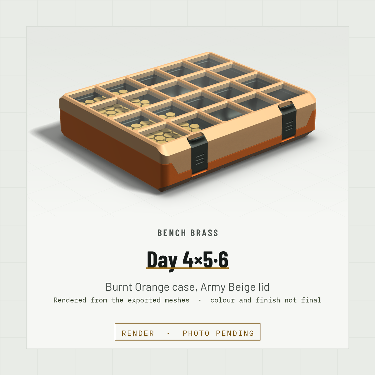 Day 4×5·6 closed, three-quarter view, Burnt Orange case and Army Beige lid (render)