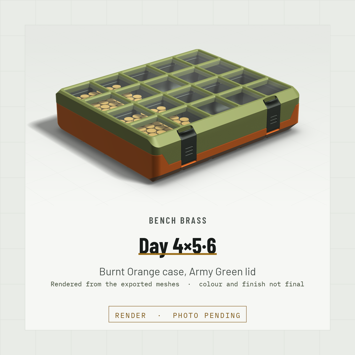 Day 4×5·6 closed, three-quarter view, Burnt Orange case and Army Green lid (render)
