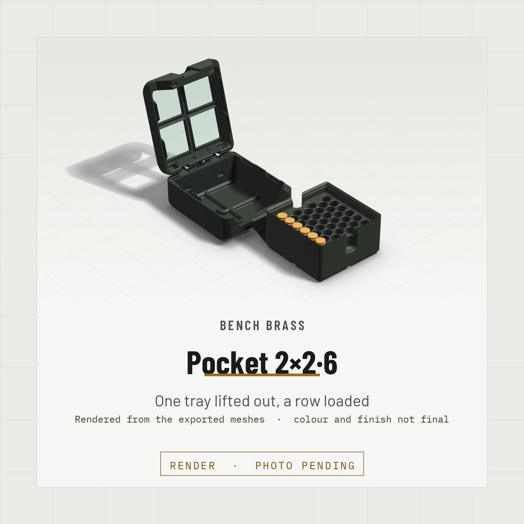 Pocket 2×2·6 open with the Headcount 9×19 tray lifted out onto the bench, one row loaded, Black case and Black lid (render)