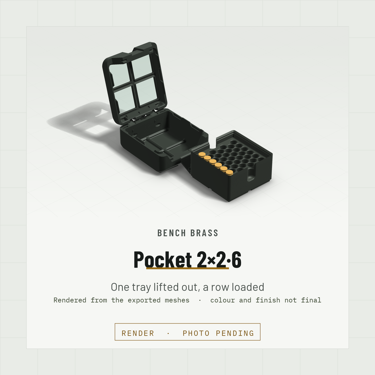 Pocket 2×2·6 open with the Headcount 9×19 tray lifted out onto the bench, one row loaded, Black case and Black lid (render)