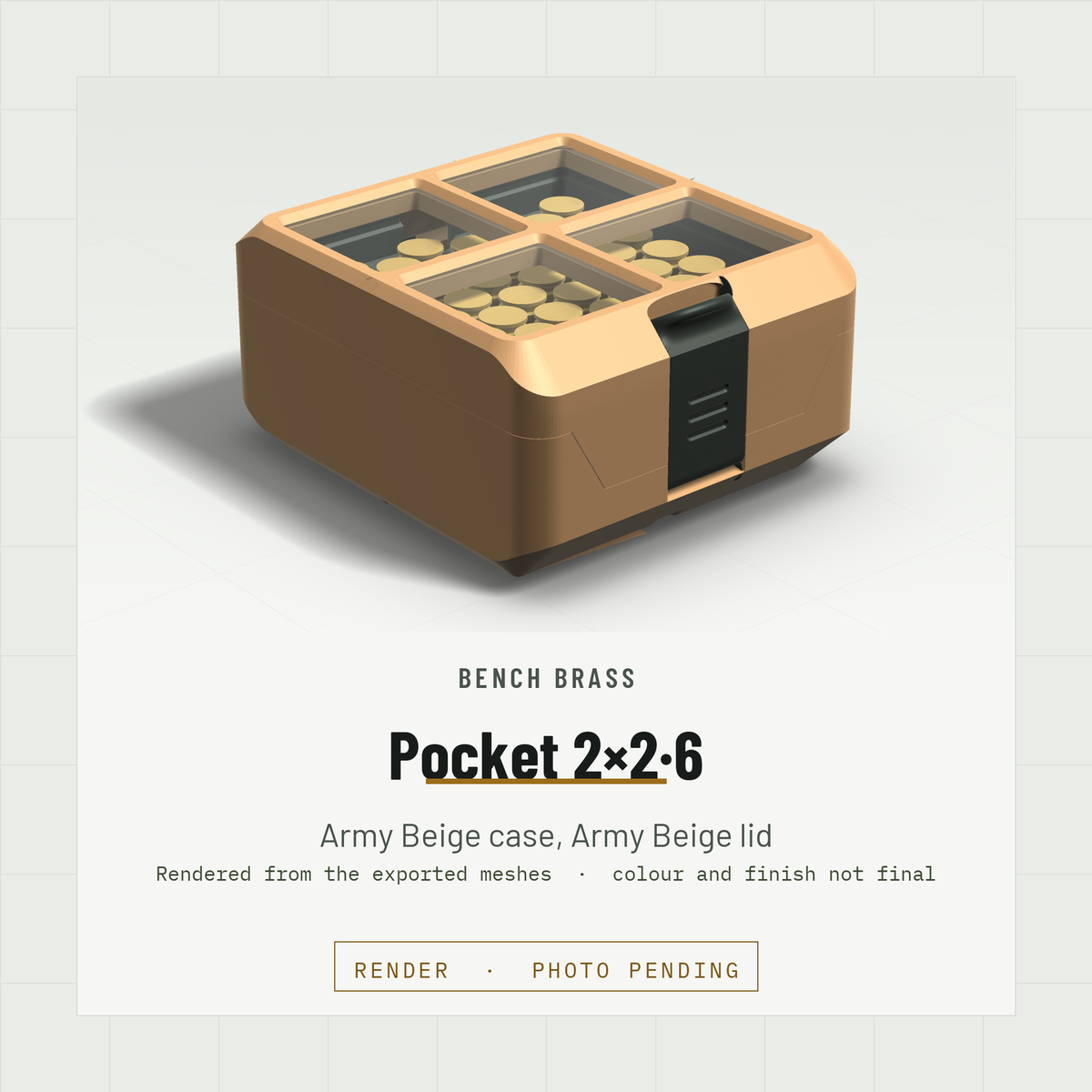 Pocket 2×2·6 closed, three-quarter view, Army Beige case and Army Beige lid (render)
