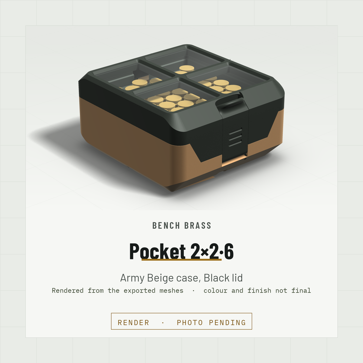 Pocket 2×2·6 closed, three-quarter view, Army Beige case and Black lid (render)