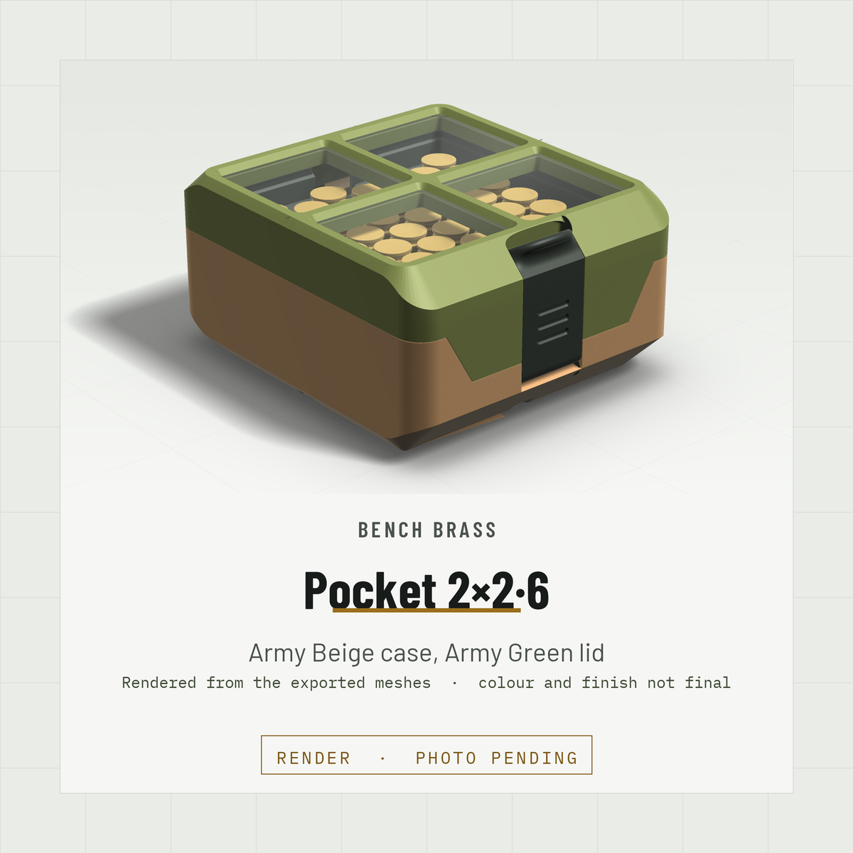 Pocket 2×2·6 closed, three-quarter view, Army Beige case and Army Green lid (render)