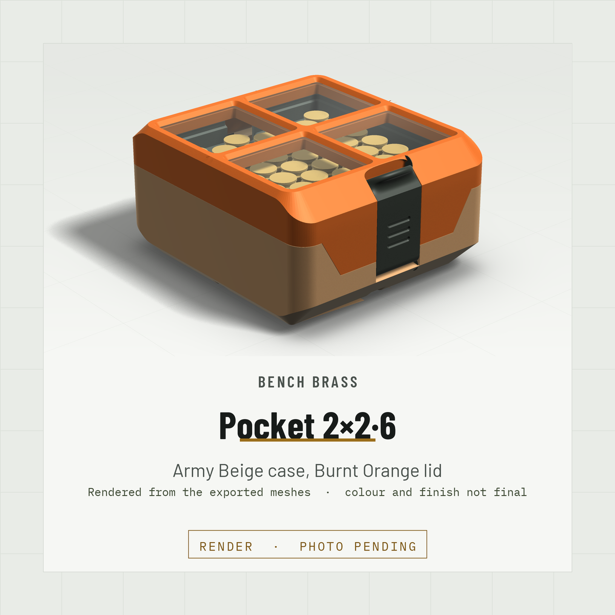 Pocket 2×2·6 closed, three-quarter view, Army Beige case and Burnt Orange lid (render)