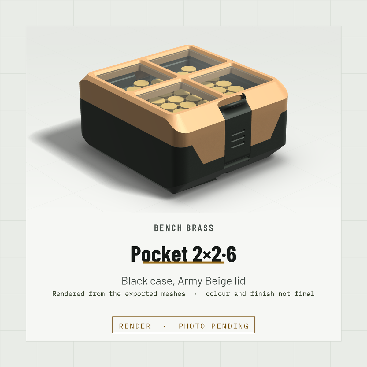 Pocket 2×2·6 closed, three-quarter view, Black case and Army Beige lid (render)