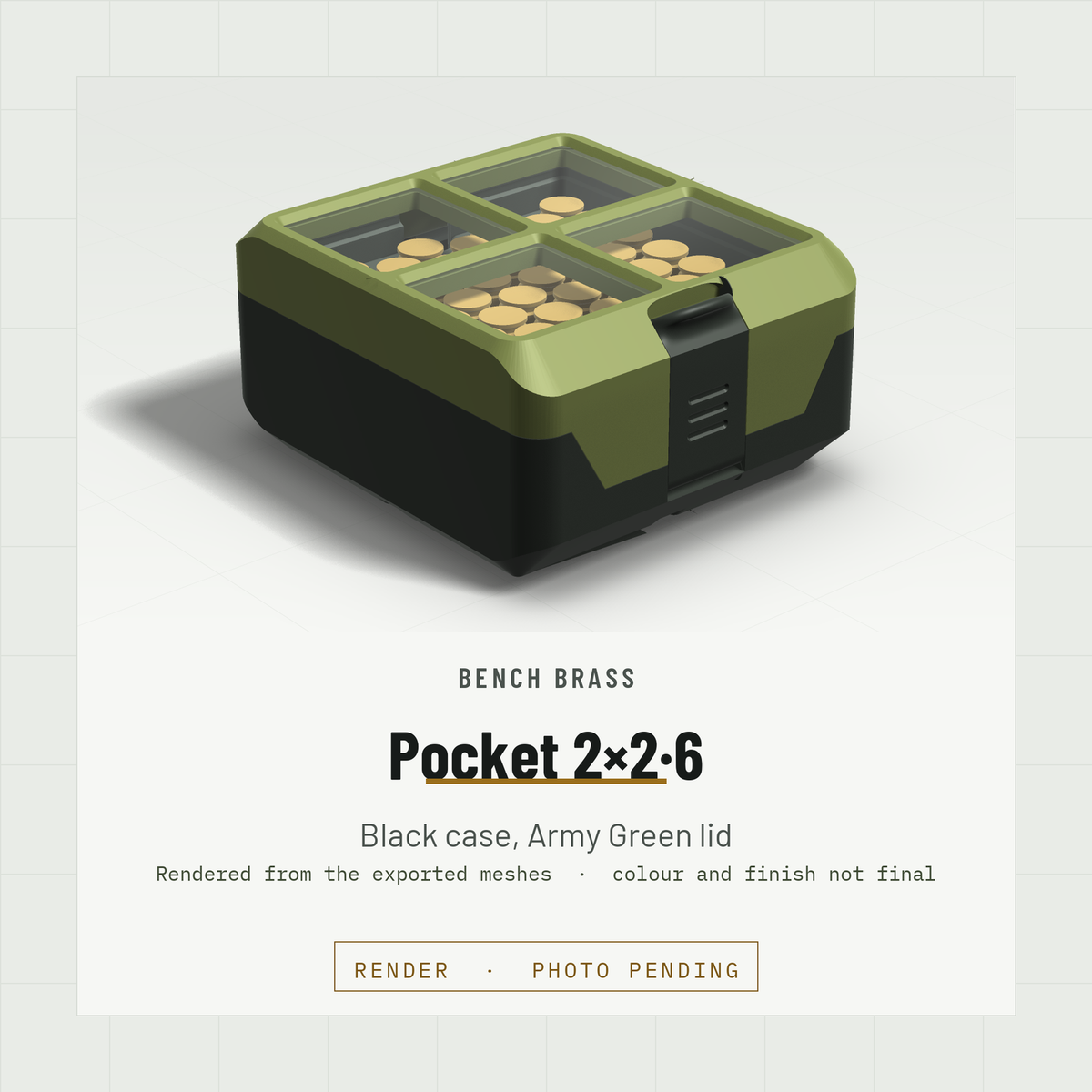 Pocket 2×2·6 closed, three-quarter view, Black case and Army Green lid (render)