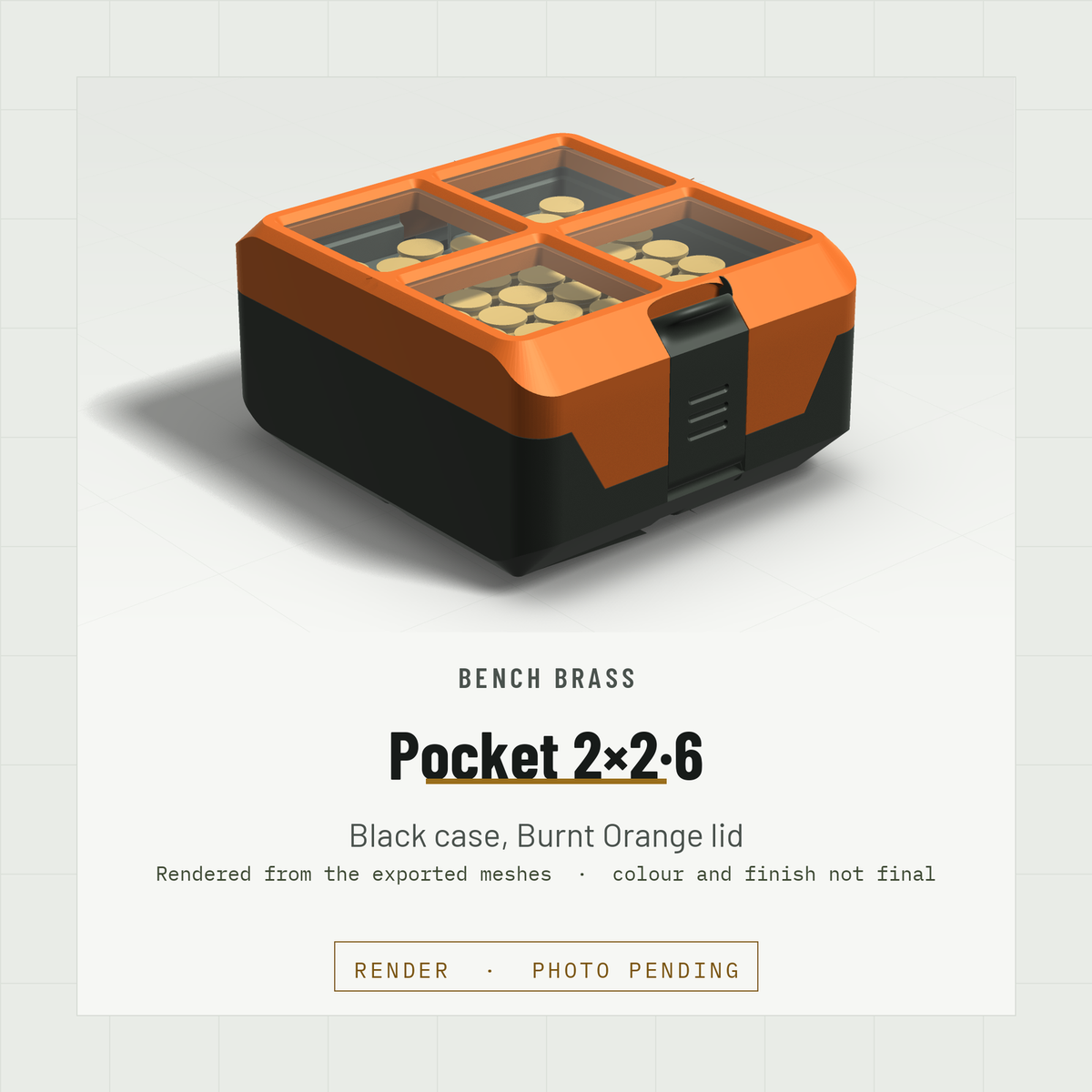 Pocket 2×2·6 closed, three-quarter view, Black case and Burnt Orange lid (render)