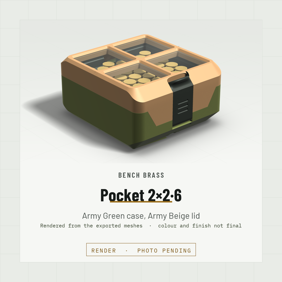 Pocket 2×2·6 closed, three-quarter view, Army Green case and Army Beige lid (render)