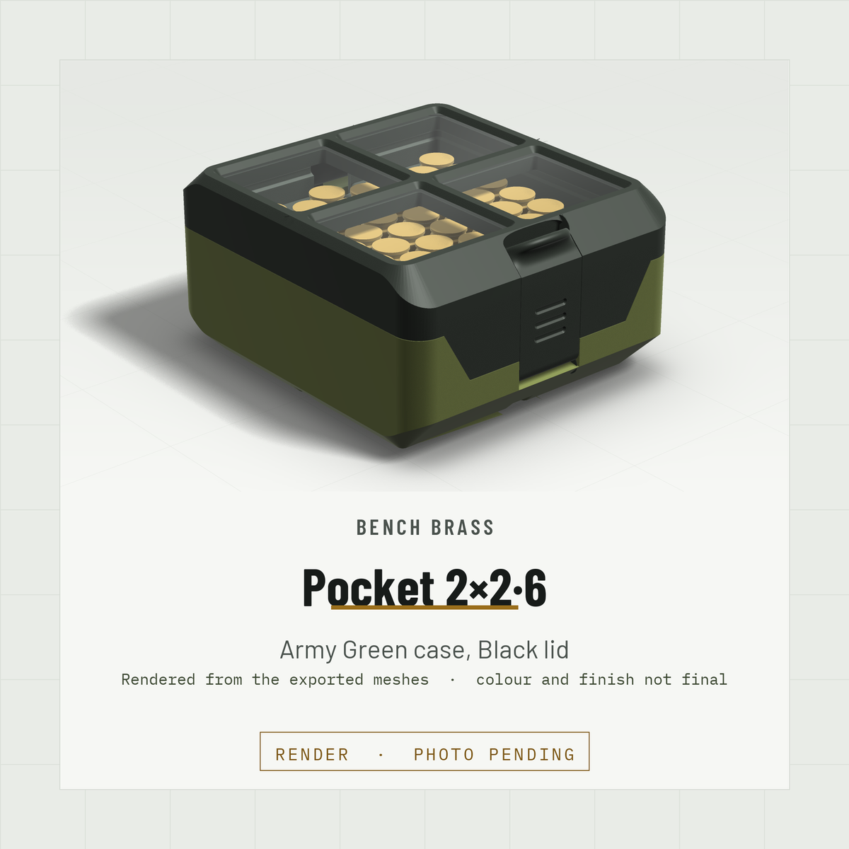 Pocket 2×2·6 closed, three-quarter view, Army Green case and Black lid (render)
