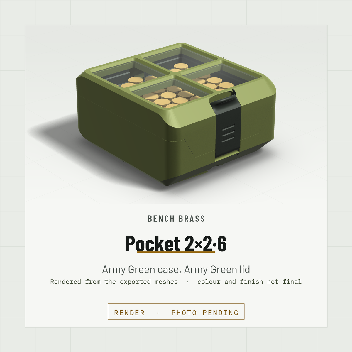 Pocket 2×2·6 closed, three-quarter view, Army Green case and Army Green lid (render)