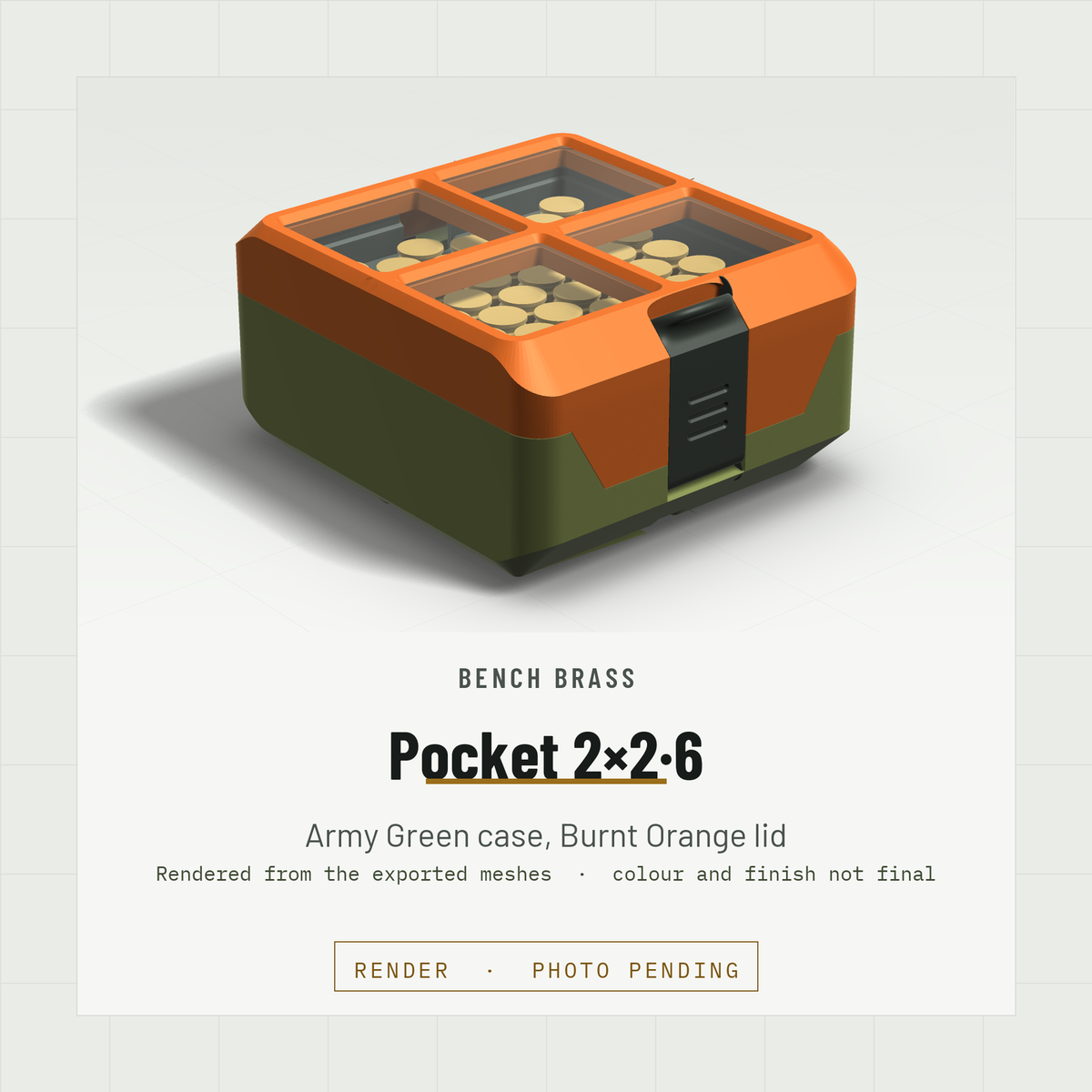 Pocket 2×2·6 closed, three-quarter view, Army Green case and Burnt Orange lid (render)