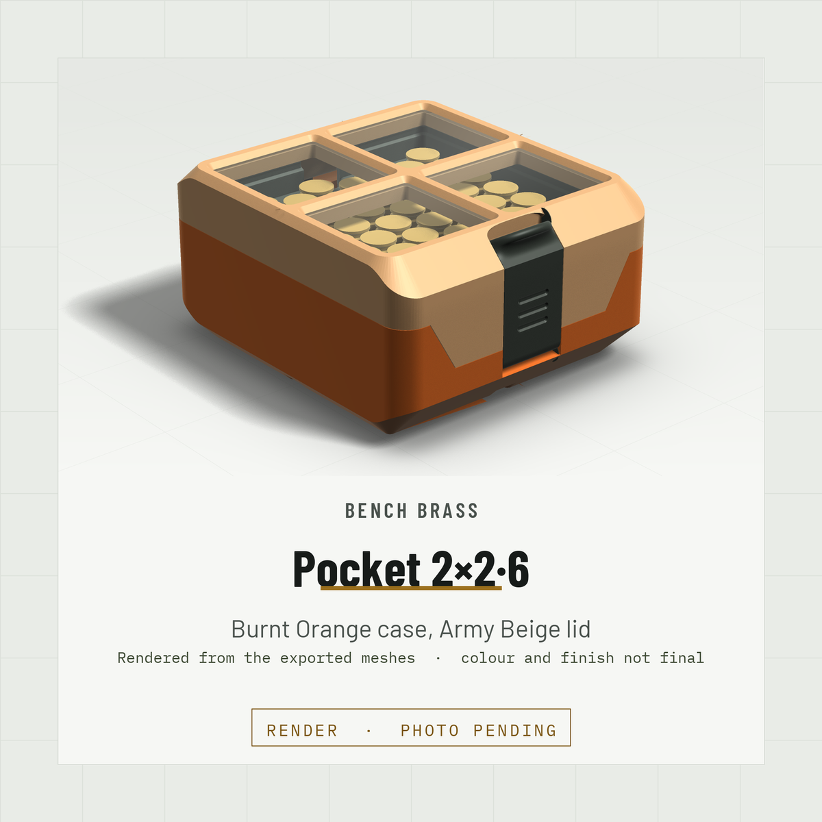 Pocket 2×2·6 closed, three-quarter view, Burnt Orange case and Army Beige lid (render)