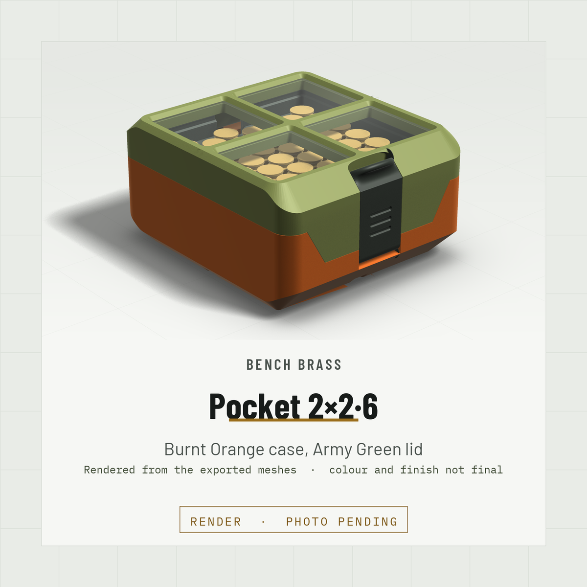 Pocket 2×2·6 closed, three-quarter view, Burnt Orange case and Army Green lid (render)