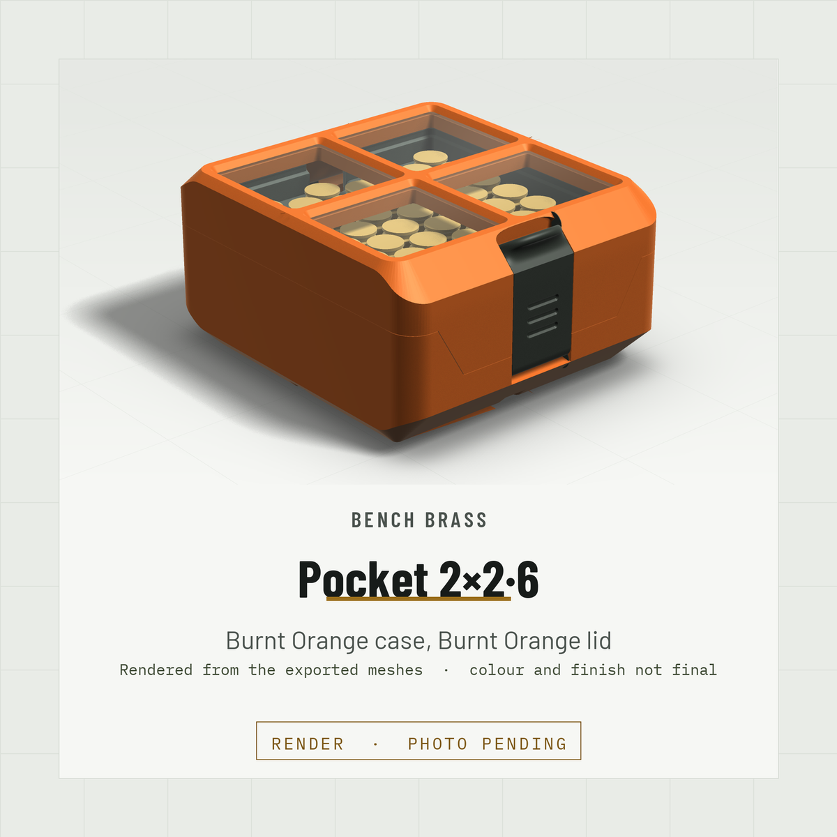Pocket 2×2·6 closed, three-quarter view, Burnt Orange case and Burnt Orange lid (render)