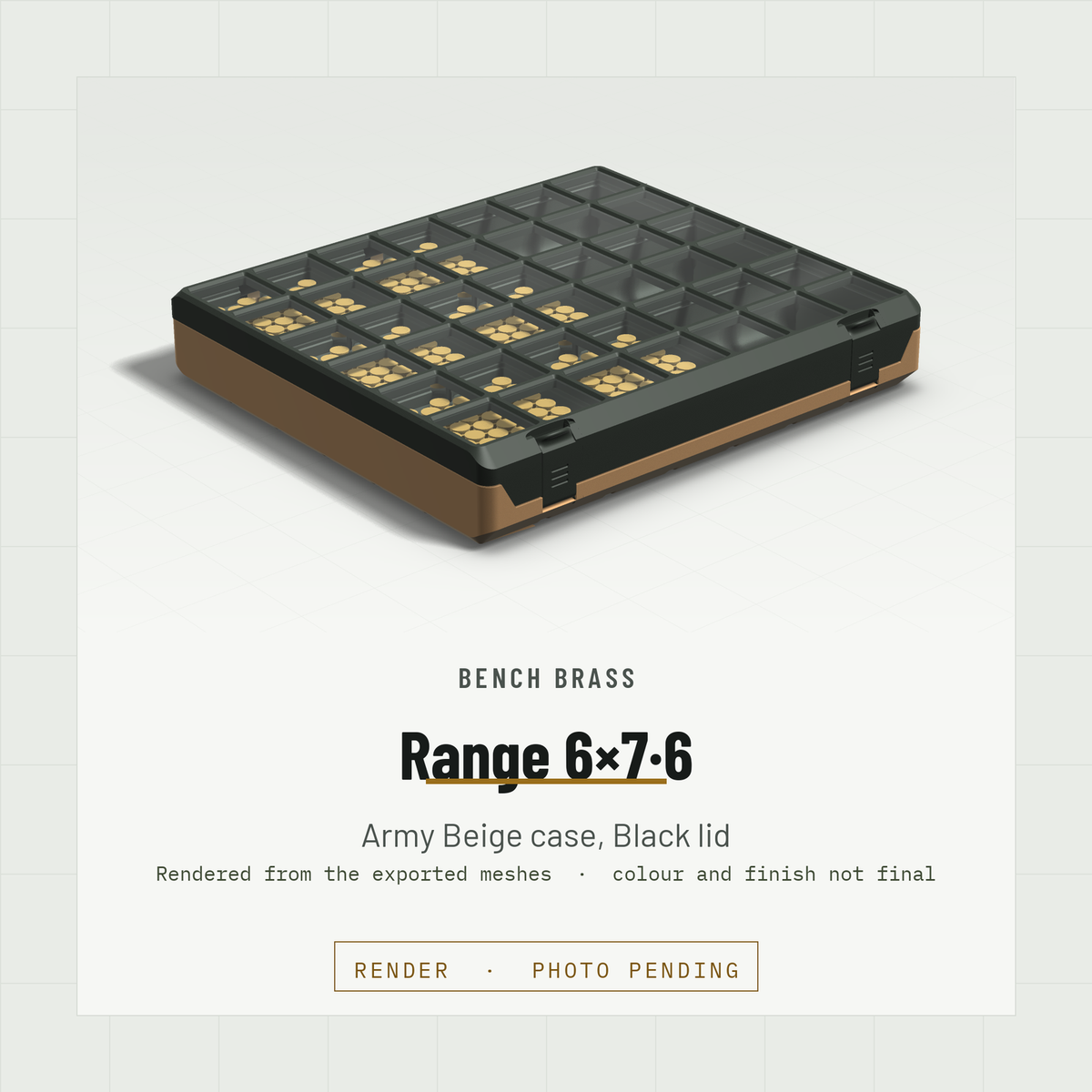 Range 6×7·6 closed, three-quarter view, Army Beige case and Black lid (render)