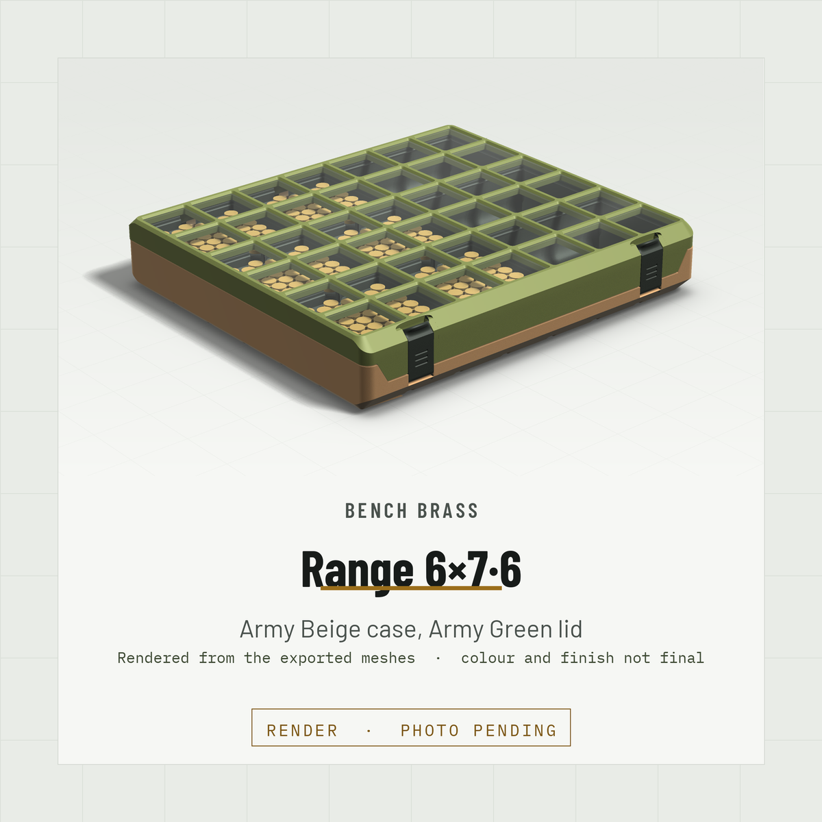 Range 6×7·6 closed, three-quarter view, Army Beige case and Army Green lid (render)