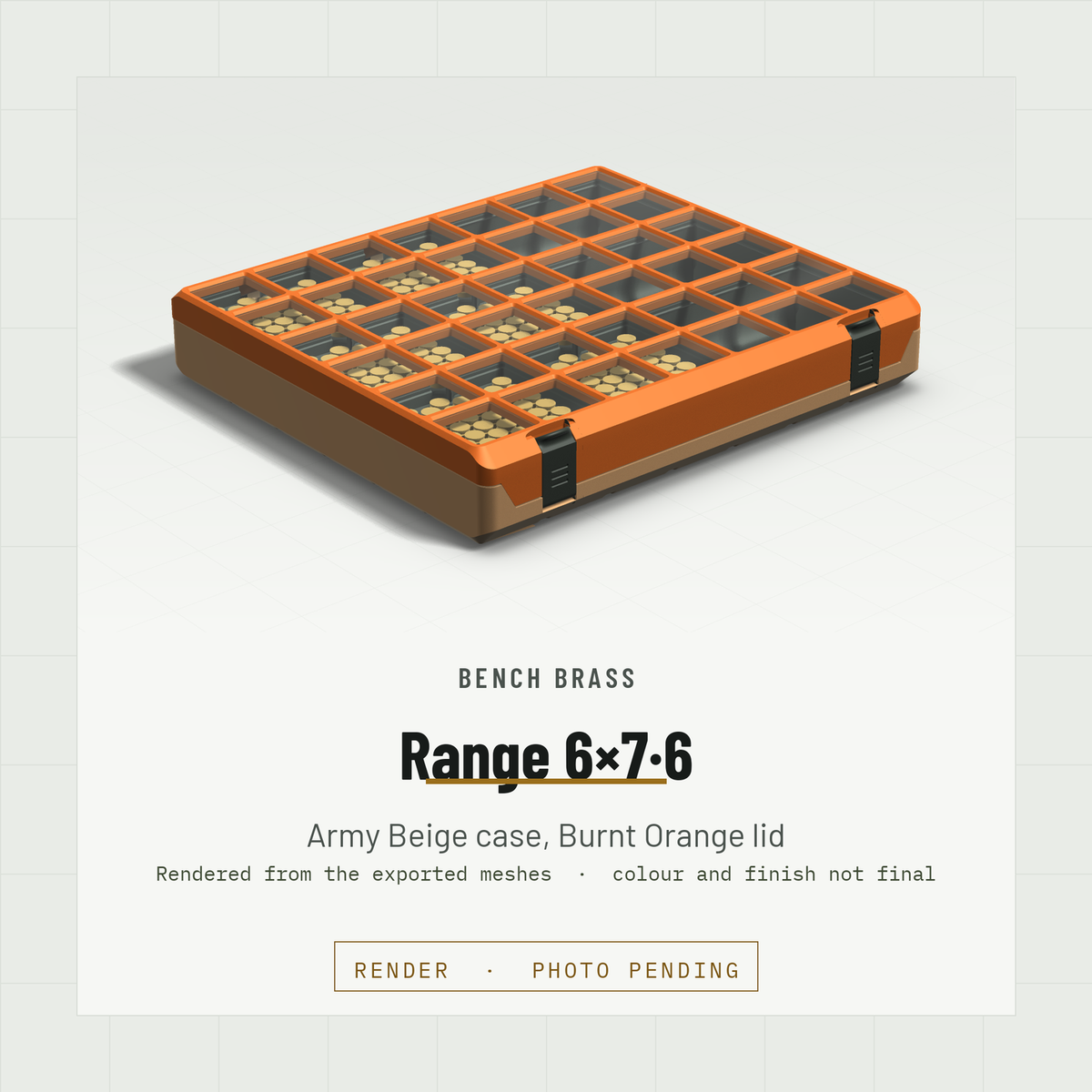 Range 6×7·6 closed, three-quarter view, Army Beige case and Burnt Orange lid (render)