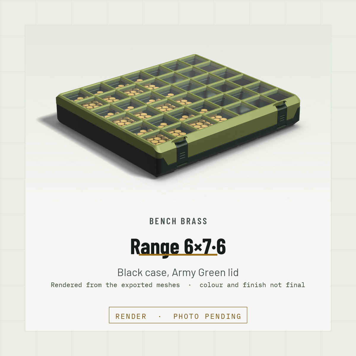 Range 6×7·6 closed, three-quarter view, Black case and Army Green lid (render)