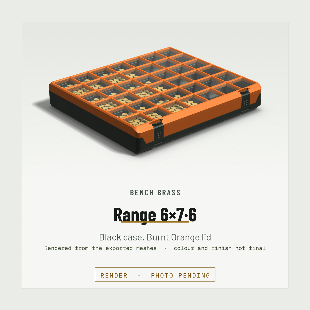 Range 6×7·6 closed, three-quarter view, Black case and Burnt Orange lid (render)