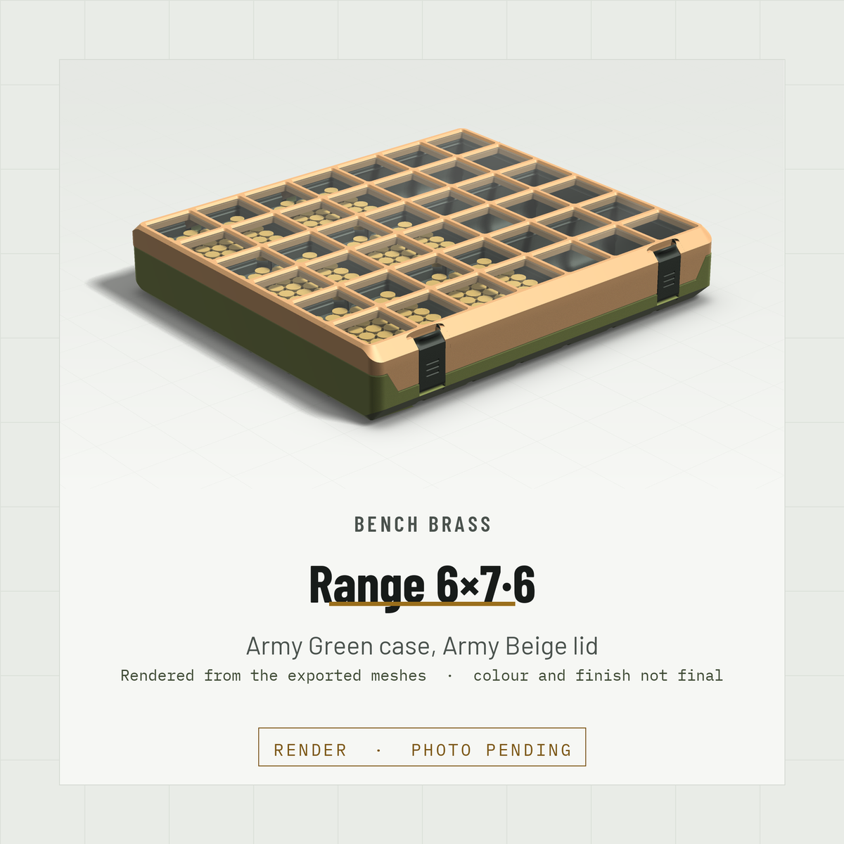 Range 6×7·6 closed, three-quarter view, Army Green case and Army Beige lid (render)