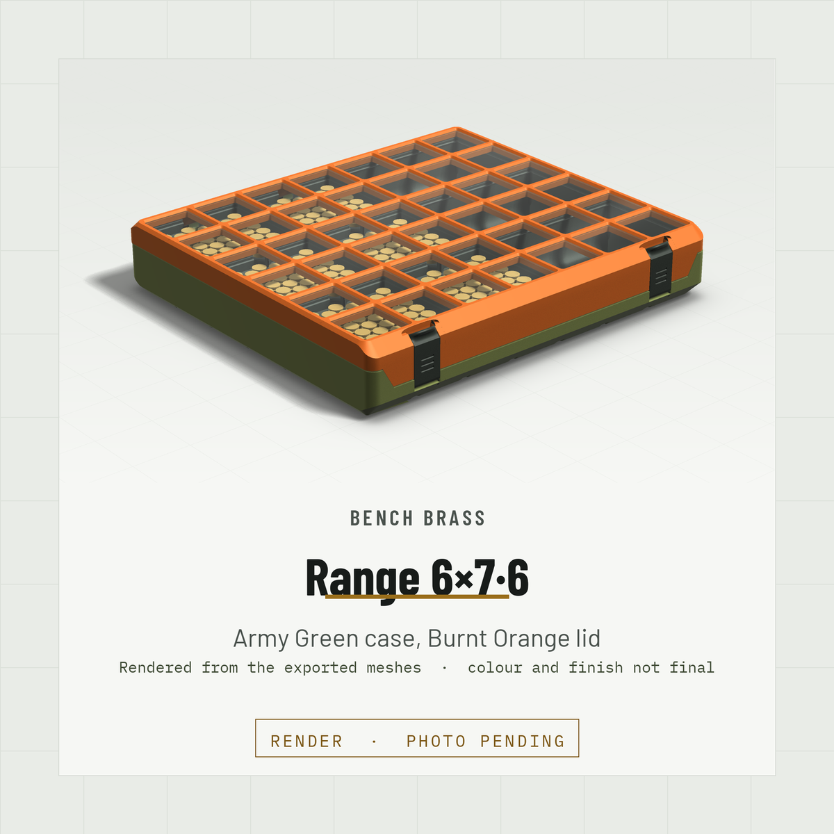 Range 6×7·6 closed, three-quarter view, Army Green case and Burnt Orange lid (render)