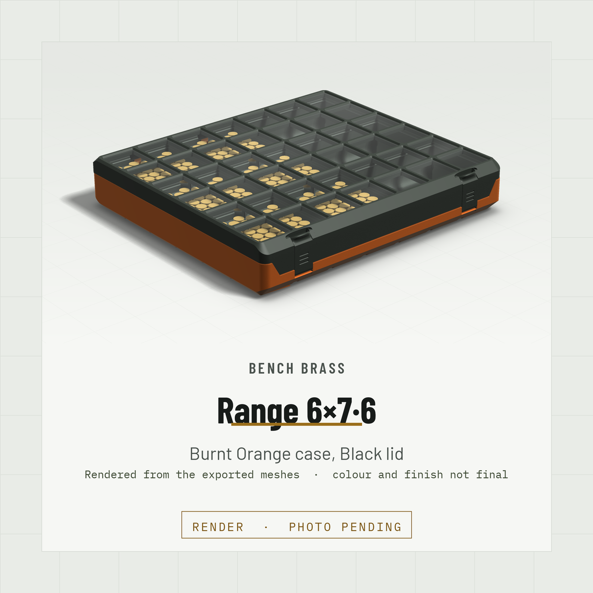 Range 6×7·6 closed, three-quarter view, Burnt Orange case and Black lid (render)