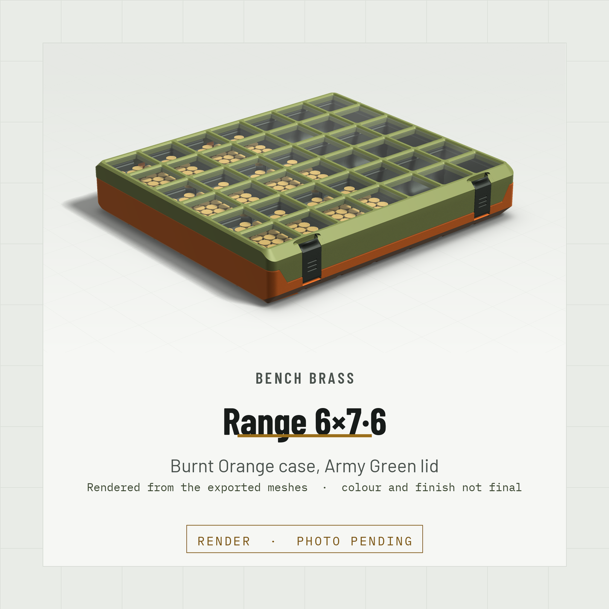Range 6×7·6 closed, three-quarter view, Burnt Orange case and Army Green lid (render)